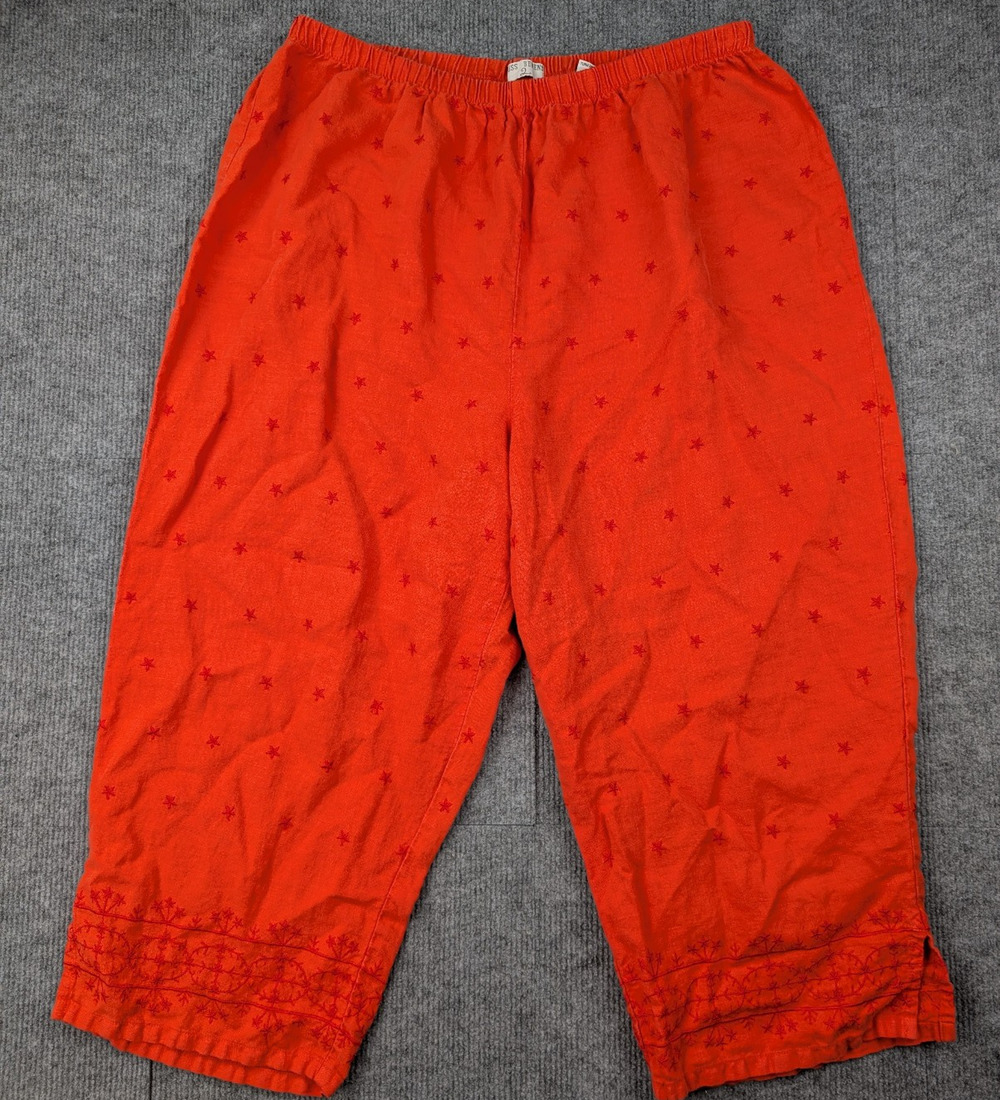 Russ Berens Linen Pants Womens 1X Embroidered Star Novelty Coastal Resort Orange